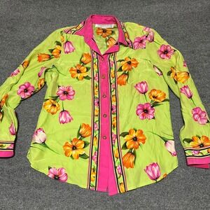 Starington Vintage Silk Floral Button Down Shirt Lime Green Pink Orange Large